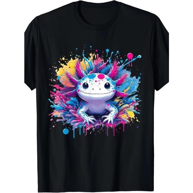Vibrant Teen T-Shirt: Colorful Kawaii Art Axolotl Design with Splashes of Paint Made in USA