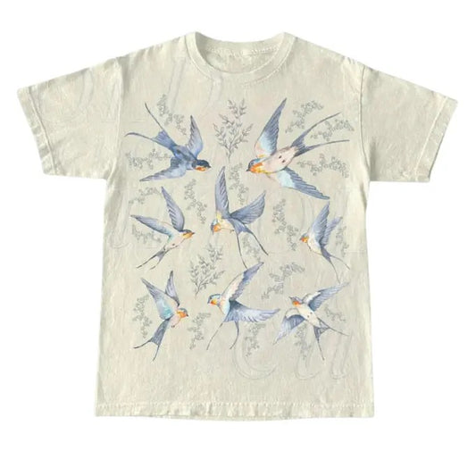 Vintage 90s Tattoo Birds Tshirt, Retro Bird Lovers Cute Shirt, Bird Nature Camping Shirt, Birds Flying Unisex Y2k Relaxed Adult Graphic Top