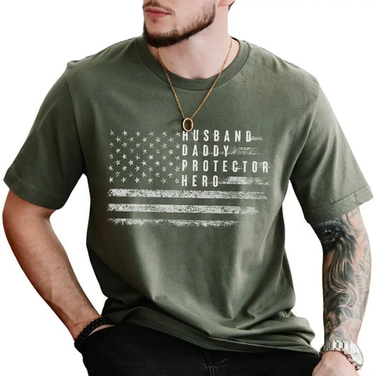 Vintage American Flag Dad Shirt, Patriotic Shirt For Dad, Husband Daddy Protector Hero Graphic Tee, Proud Father Of Girls, USA Flag Daddy Tee, Unhinged Shirt for Husband, Dada Papa Daddy Shirt, Short Sleeve Casual Menswear, Comfy Cotton Fabric Men's Tops