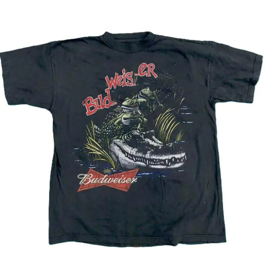 Vintage Budweiser Gator Frogs T Shirt Vintage Grunge Y2K Tapout Goth Emo Beer Indie 90s Round Neck T-Shirt Short Tshirt Streetwear