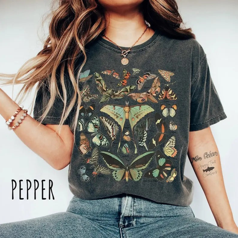 Vintage Butterfly & Moth T-Shirt, Cottagecore Aesthetic Comfort Colors Shirt, Butterfly Lover Gift, Dark Academia Streetwear Cotton Fabric
