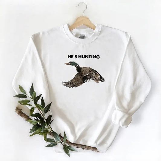 Vintage He Is Hunting Mallard Duck 2025 Wildlife Sweatshirt T-shirt Unisex 90s Pullover, Hunting Season 2026, hoodie Cotton