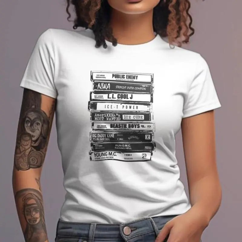 Vintage Hiphop Cassette Tapes Graphic Tee Shirt for Men - LL Cool J, Beastie Boys, NWA, and Public Enemy Music Shirt - Menswear, Top Hoodie Casual