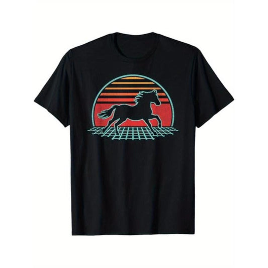 Vintage Horse Print T-Shirt, 100% Cotton Crew Neck Short Sleeve Tee, Casual All-Season Knit Fabric Top with Slight Stretch, Regular Fit for Adults - Ideal for Weekend & Casual Occasions Made in USA