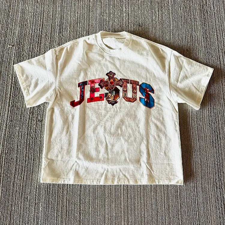 Vintage Jesus Graphic 100% Cotton T-Shirt vintage  shirts Crewneck Menswear Top Apparel Polyester Tshirt Streetwear Wetsuit Shortsleeve Tropical Casual Biker