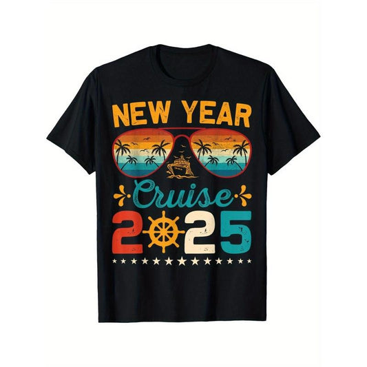 Vintage New Year Cruise 2025 Family Matching NYE Celebration T-Shirt Man Short Sleeve Cotton Crew Neck Ultra Soft, Breathable, Moisture Wicking, Casual Comfortable Top Streetwear Fashion Casual Summer Tee Crew Neck Short Sleeve T-Shirt made in usa