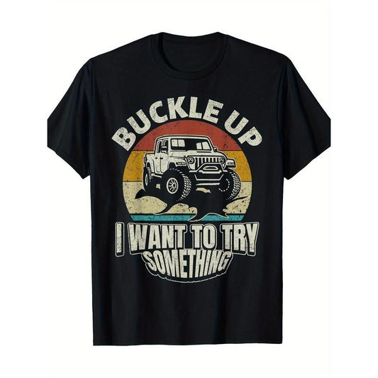 Vintage Off-Road Car Graphic Tee, 100% Cotton Crew Neck T-Shirt with Slight Stretch, Geometric Pattern, Casual Weekend Wear, All-Season Short Sleeve Top for Men Made in USA
