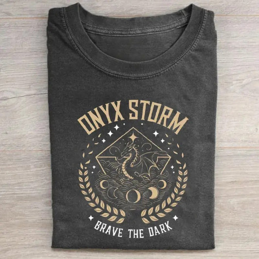 Vintage Onyx Storm Graphic Tee - Brave The Dark - Novel Shirt - Empyrean Fantasy Romance Series - Rebecca Yarros Streetwear Casual Menswear Top