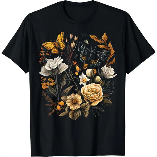 Vintage Pressed Flowers Butterflies Floral Boho Wildflowers T-Shirt made in usa