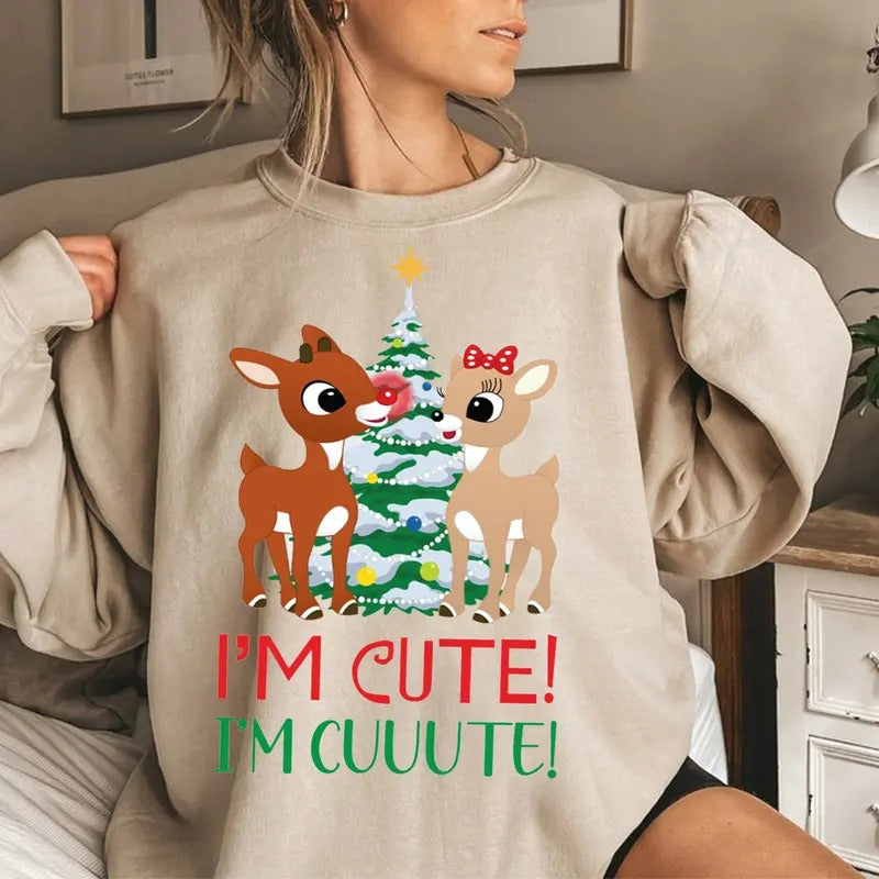 Vintage Rudolph Xmas Shirt, Couple Reindeer Cute Sweatshirt, Retro I'm Cute Tee Shirt, Christmas Holiday Shirt, Xmas Gift For Lovers