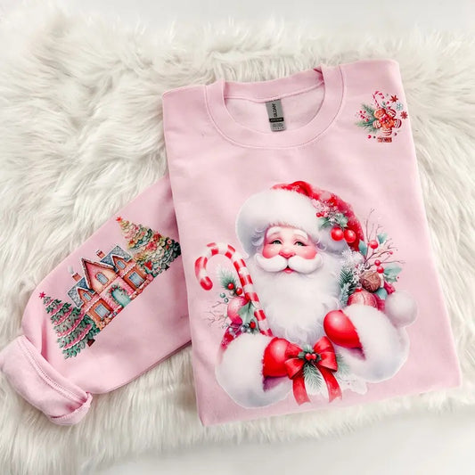 Vintage Santa Gingerbread House Crochet Sweatshirt or Hoodie with sleeve print Comfy Sublimation Tops Menswear Unisex Oversized Pullover