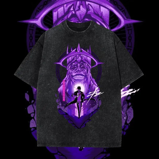 Vintage Solo Leveling Washed Oversized Tee, Anime Manga Washed Heavy Cotton Special Graphic T-shirt Gift For Anime Fan