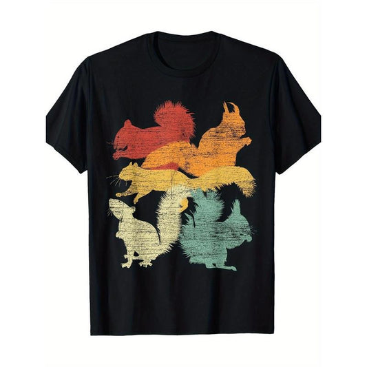 Vintage Squirrel Family Silhouette T-Shirt, 100% Cotton, Casual Round Neck Short Sleeve Tee, Geometric Pattern, Digital Print, Regular Fit for Men Made in USA