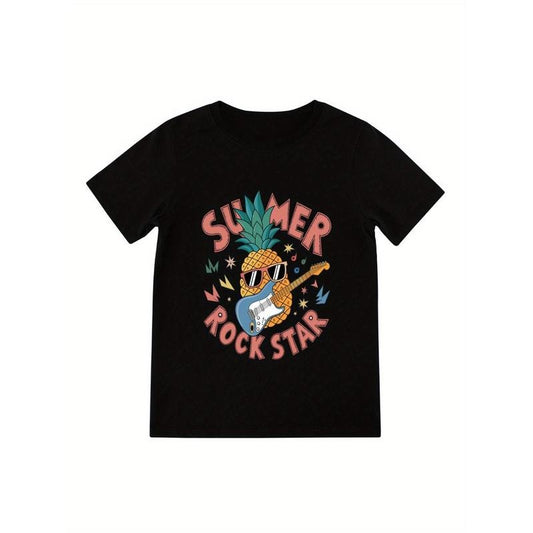 Vintage Style Men'S Cotton T-Shirt, Summer Rock Star Pineapple Graphic, Short Sleeve Crew Neck, Regular Fit, Heat Transfer Print, 180gsm - Unisex Casual Tee for All Seasons made in usa