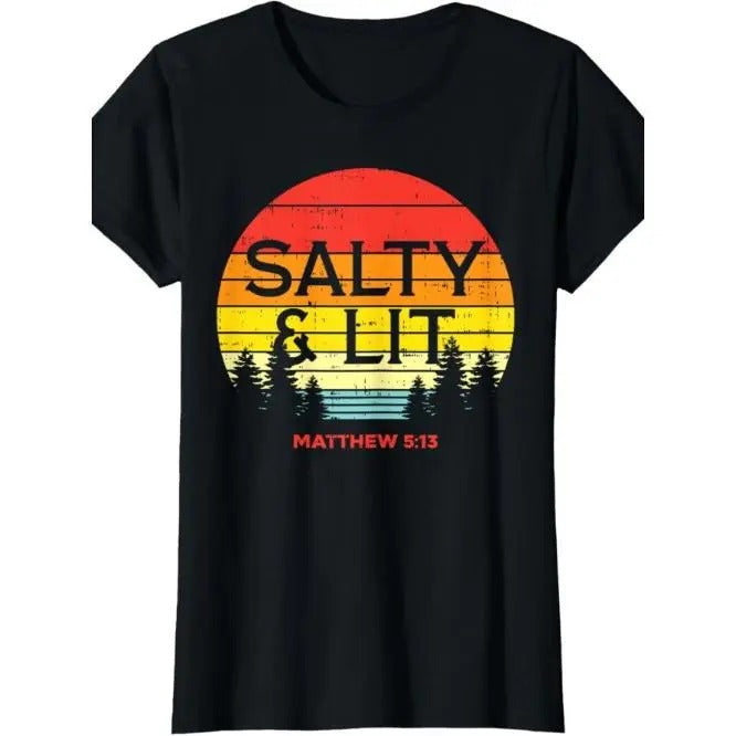 Vintage style,Forest at Sunset, niche design print, quality breathable material, casual everything Salty And Lit Matthew 5 13 Gift T-shirt Made in USA