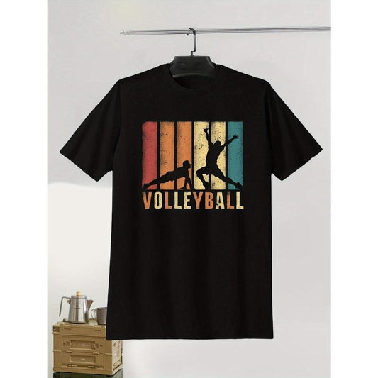 Volleyball Silhouette Print T-Shirt for Men - Casual Polyester Knit Fabric, Geometric Pattern, Round Neck, Regular Fit, Summer Short Sleeve Adult Tee made in usa