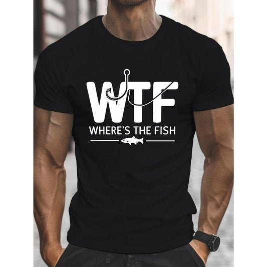 WTF WHERE's THE FISH? Men's Casual Crew Neck T-Shirt - Lightweight, Comfy Polyester Tee for Summer, Geometric Print Made in USA