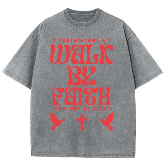 Walk By Faith Unisex Washed T-Shirt, Christian Tshirts, Christian Jesus  t shirts, Vintage 90s Graphic Tee Gift Cotton Top, Mineral color