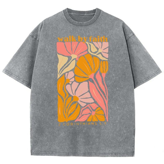 Walk By Faith Unisex Washed T-Shirt, Christian Tshirts, Christian t shirts, Christian Jesus  t shirts, Vintage 90s Graphic Tee Gift Cotton Top, Mineral color