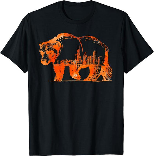 Walking Bear Silhouette Downtown Chicago City Skyline Gift T-Shirt | Unisex Cotton Tee Gift