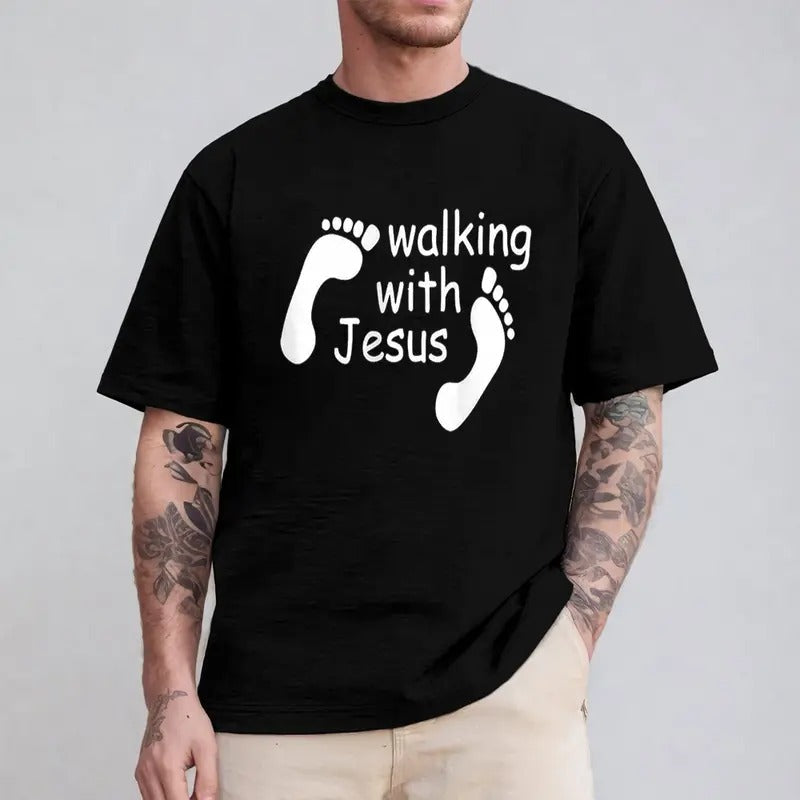 Walking with Jesus Tee Pure Cotton Casual Style Crew Neck Short Sleeve T-Shirt Tops Trendy for Women for Men, Perfect Gift