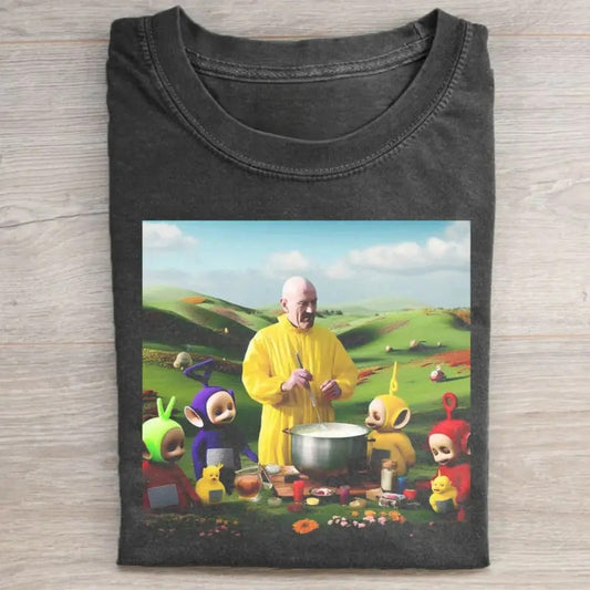 Walter White Cooking with Teletubbies Graphic Tee - Funny Shirt for Men, Cartoon Movie Parody, Teletubbies Movie Shirt, Breaking Bad Movie Shirt