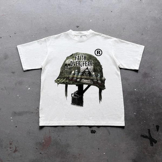 War Helmet Faith Over Fear Graphic Print Cotton T-Shirt, grunge y2k emo scene tapout goth amity affliction style clothes, Unisex T-shirt1