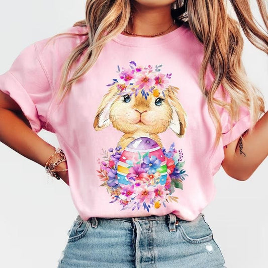 Watercolor Bunny Shirt, Easter Eggs Tee Shirt, Happy Easter Glitter Shirt, Spring Floral Tee Tshirt, Retro Easter Gift Shirt, Gifts For Women, Easter Apparel Shirt, Easter Gifts For Teens, Short Sleeve Tops Tee Shirt Fit Womenswear