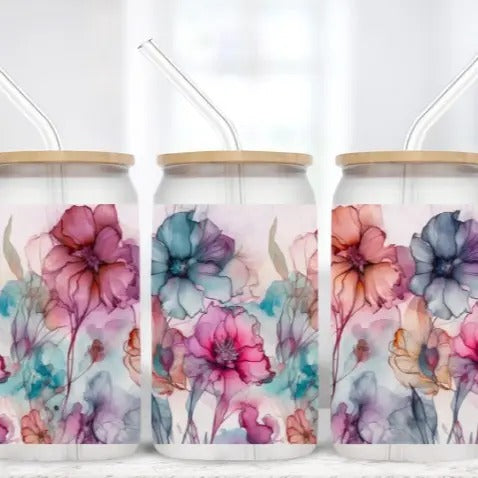 Watercolor Flowers | 16 oz Frosted Glass Tumbler