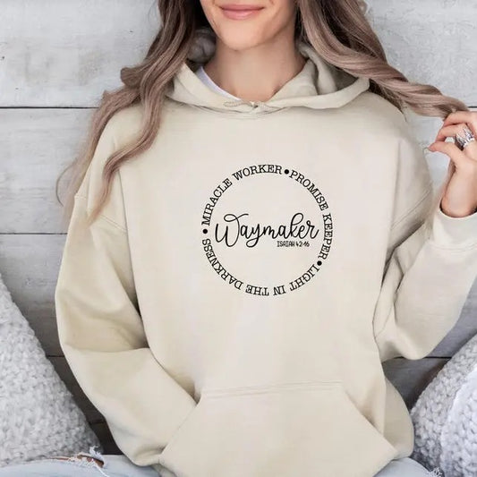 Waymaker Hoodie - Beige Casual Sweater with Print, Hood, and Front Pocket for Women, Ideal for Church and Casual Wear
