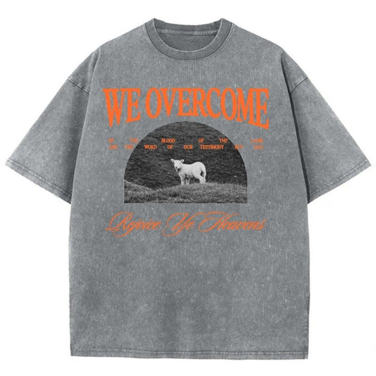 We Overcome Unisex Washed T-Shirt, Christian t shirts, Christian Jesus  t shirts, Vintage 90s Graphic Tee Gift Cotton Top, Mineral color