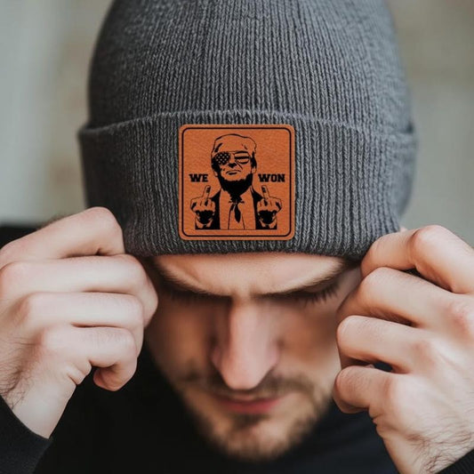 We Won Trump 2024 Beanie With Leather Patch, Middle Fingers Trump Winter Hat, Gift for Trump Supporters, Presidential Election 2024