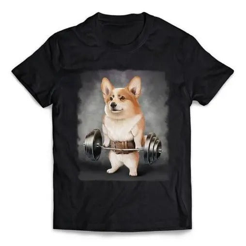 Welsh Corgi Dog Deadlift and Barbell Shrug Routine at Gym - Short-Sleeve Unisex T-Shirt Made in USA