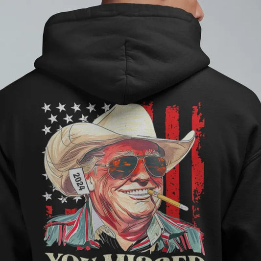 Western Trump Cowboy You Missed Flag Pullover Hoodie, 2 Side, Trendy Styles, Unisex Vintage Sweater, Multiple Colorways, Iconic Styles, Casual Fashion