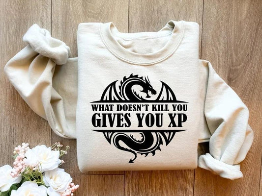 What Doesn't Kill You Gives You XP Sweatshirt, Funny Game Sweater, Dungeons And Dragons T-Shirt, DnD Shirt, D&D Sweater, Dungeon Master Shirt, Game Hoodie