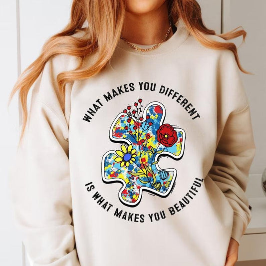 What Makes You Different Is What Makes You Beautiful Sweater, Autism Mom, Unisex Sweatshirt, Autism Gifts, Gifts For Women Her Sweater, Long Sleeve Crewneck Shirt, Gifts For Autism Awareness Month