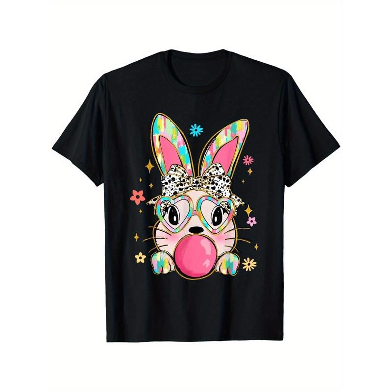 Whimsical Easter Bunny Bubble Gum Graphic T-Shirt - 100% Cotton, Unisex Casual Tee for Men & Women, Black with Vibrant Rabbit Design, Sizes S-XXXL, Perfect for Spring Outings & Casual Attire, e made in usa