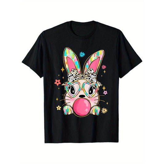 Whimsical Easter Bunny Bubble Gum Graphic T-Shirt - 100% Cotton, Unisex Casual Tee for Men & Women, Black with Vibrant Rabbit Design, Sizes S-XXXL, Perfect for Spring Outings & Casual Attire, e made in usa