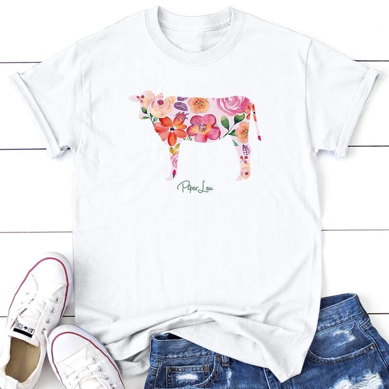 Floral Cow Tee, Proudly Printed In The USA, Tee Gray / White, #sassy #cute #colorprint