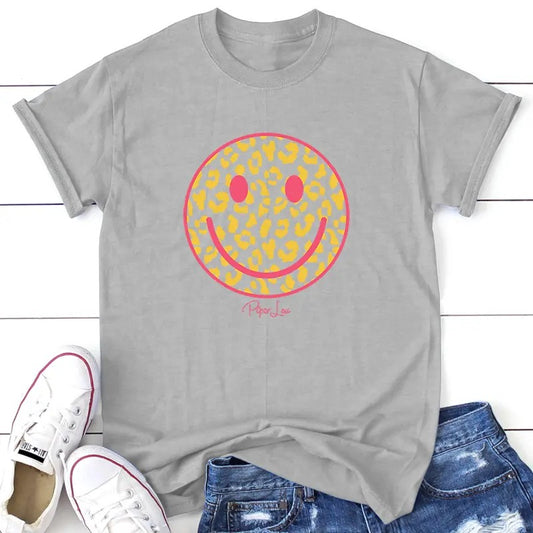 Leopard Smiley Tee, Proudly Printed In The USA, Tee Gray / White, #sassy #cute #colorprint