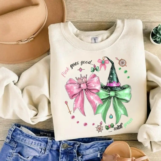 Wicked Pink Goes Good With Green Sweatshirt, Hoodie, T-Shirt, Defy Gravity Broomstick Magic Wand, Wizard Movie Fan Shirt, Wicked Musical Fan Gift