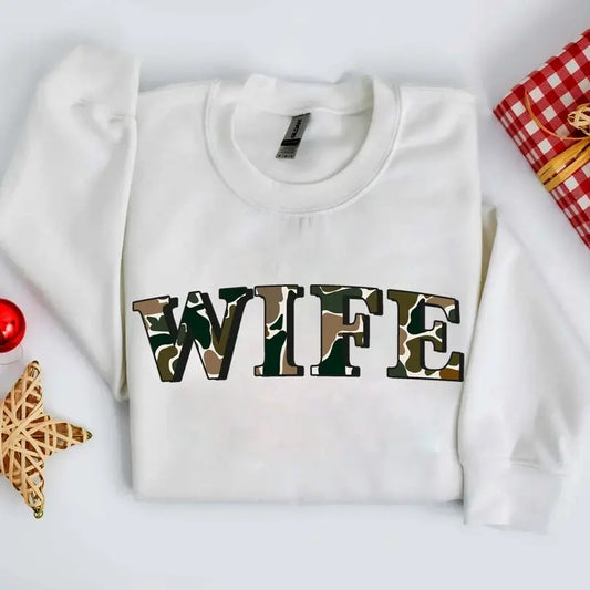 Wife Camo Old School Bottomland Pattern Crewneck Sweatshirt, Hunting Wife, Hunting Season Unisex Shirt