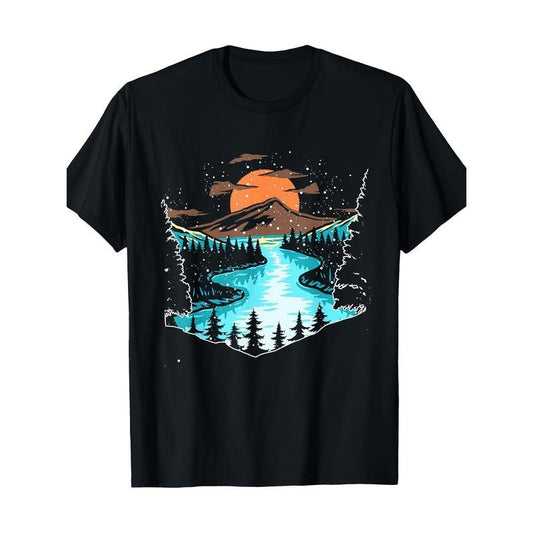 Wildlife Mountain and River Outdoor Nature Full Moon Forest T-shirt -100% cotton Made in USA