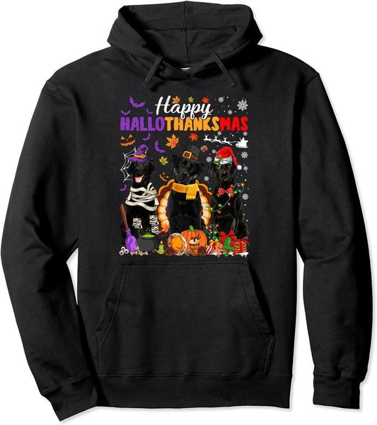 Witch Pilgrim Turkey Santa Black Labrador Dog HalloThanksMas Hoodie | Unisex Hooded Sweatshirt | FAST SHIPPING