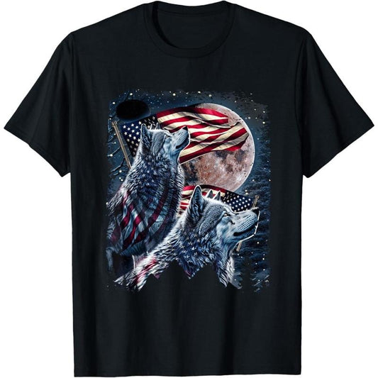 Wolf 4th of July American Flag Howling Wolves Under Moon T-Shirt made in usa