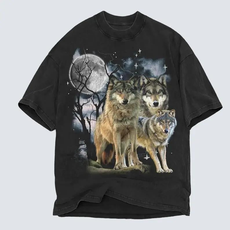 Wolf 90s Vintage Graphic Shirt, Three Wolf, 2000s Nature Shirt, Vintage Unisex Oversize Tee, Cute Wolf Gift, Faded, Howling Wolf