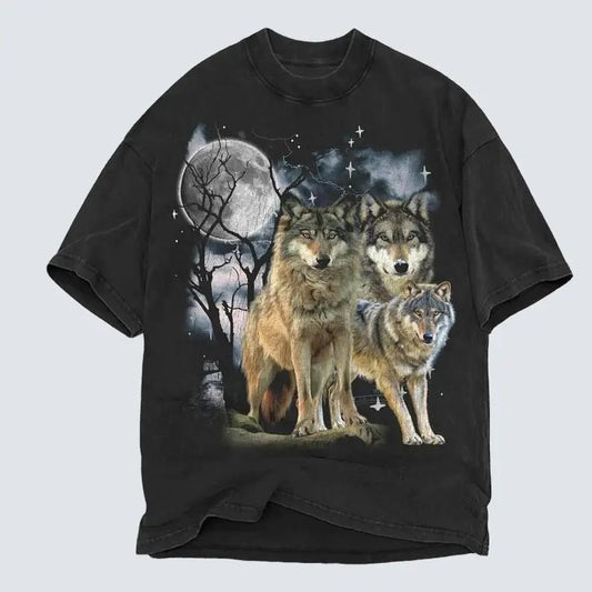 Wolf 90s Vintage Graphic Shirt, Three Wolf, 2000s Nature Shirt, Vintage Unisex Oversize Tee, Cute Wolf Gift, Faded, Howling Wolf