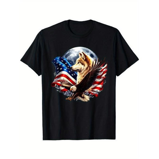 Wolf Bald Eagle American Flag Full Moon New Years Wolf Lover T-Shirt Soft and breathable for all seasons and a good fit Comfortable leisure sports Halloween Christmas gift Made in USA