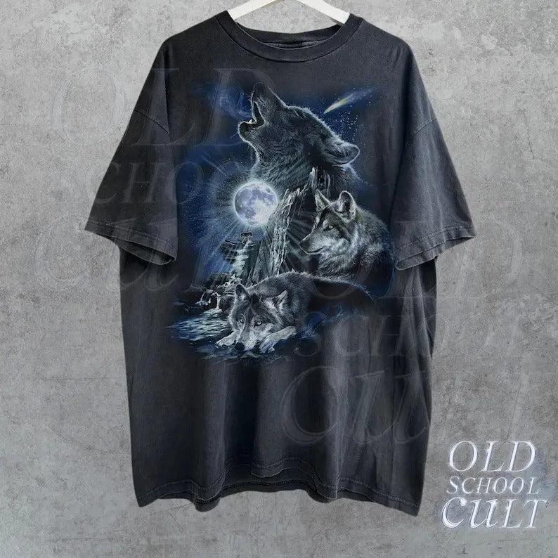 Wolf Family Howling At Moon Vintage Shirt, Wild Free Tee, Retro Wolves Pack TShirt, Loyal Gray Wolf, Wolf lovers Gift,Soft washed Cotton Tee