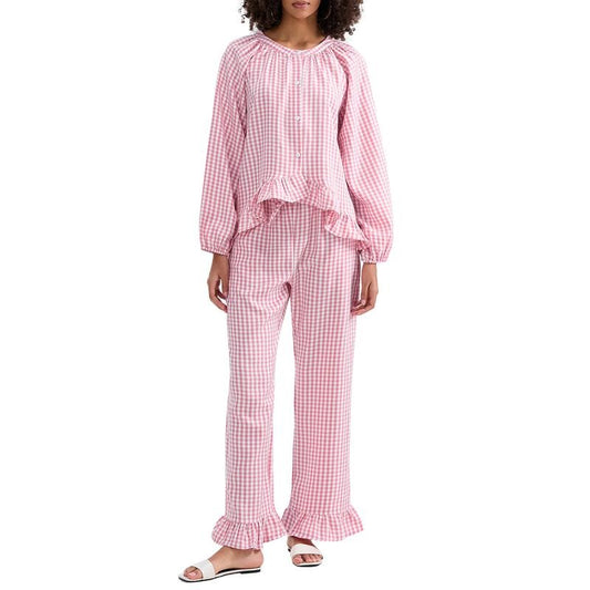 Women 2 Piece Plaid Pajamas Set Y2k Casual Lounge Set Puff Sleeve Ruffle Hem Peplum Blouse Shirt +Wide Leg Pants Loungewear Set